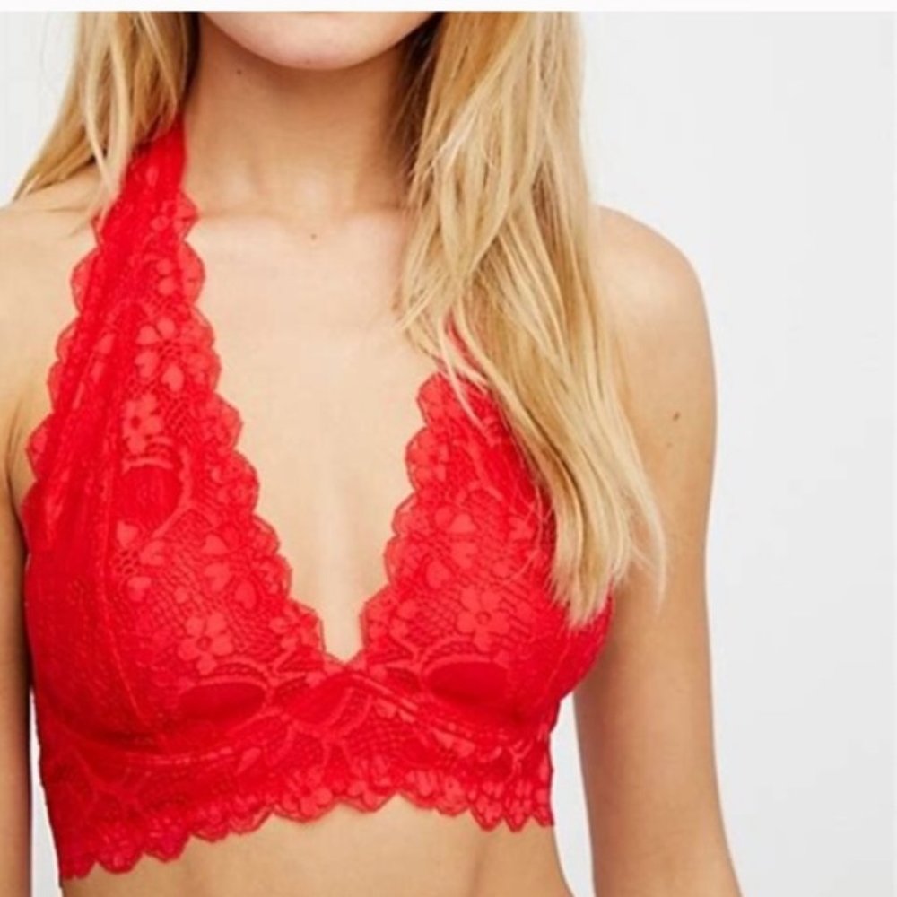 Free People Red Galloon Lace Halter Bralette L